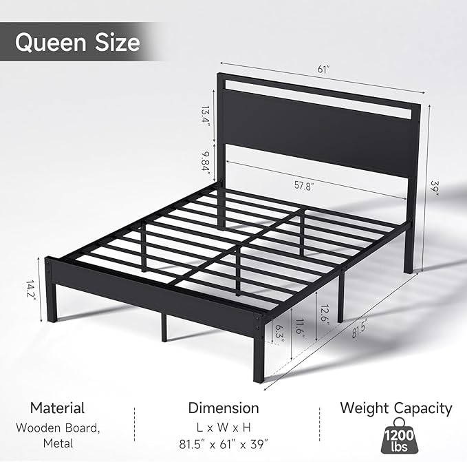 Easy to Assemble Queen Bed Frame with Wood Headboard & Footboard, Tool-Free Metal Platform Bed Frame, Upgraded Heavy Duty Sturdy Foundation, No Noise, No Box Spring Needed,Large Under Storage, Black