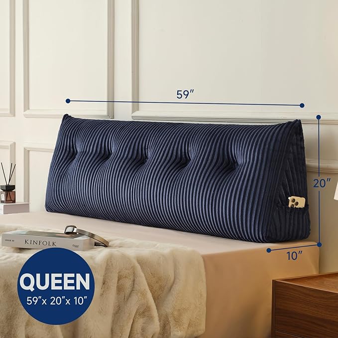 Z-hom Large Headboard Pillow Queen, NO ROLL Pillow, Wedge Pillow Headboard for Sitting Up in Bed, Backrest Support Triangular Cushion for Reading, Gap Pillow w/Removable Washable Cover,Blue