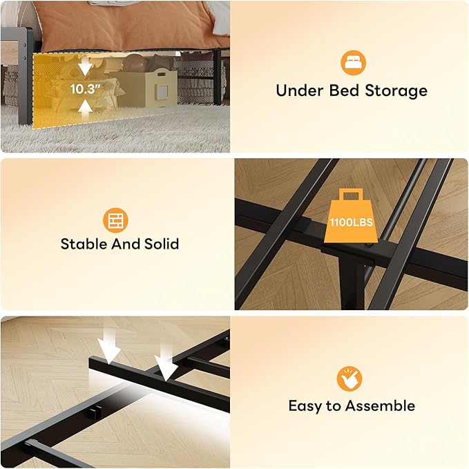 LIKIMIO Twin XL Bed Frame with Storage Headboard and LED Lights, Metal Platform Bed with Charging Station, Noise Free, No Box Spring Needed, Under Bed Storage, Natural and Cream