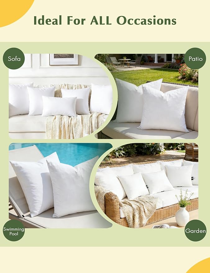 TOPGREEN Feathers Down Outdoor Pillow Inserts 18x18 (Set of 2, White), 100% Organic Cotton Shell, Fluffy Soft Water-Resistant Throw Pillows for Sofa, Patio Furniture and Garden