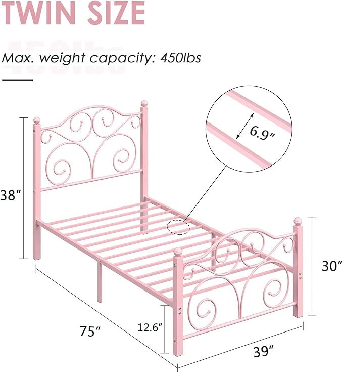 VECELO Twin Size Bed Frame with Headboard and Footboard, Heavy Duty Metal Slat Support, Platform Mattress Foundation, No Box Spring Needed, Easy Assembly, Pink