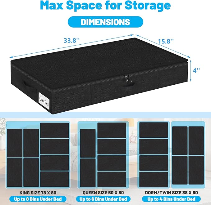 Under Bed Storage Container Bins 4 Pack, 4 Inch Thin Low Profile Underbed Clothes Storage Organizer for Dorm & Home, Use for Blanket and Toy Storage Box W/ Sturdy Bottom/Sides, Foldable Thick Fabric