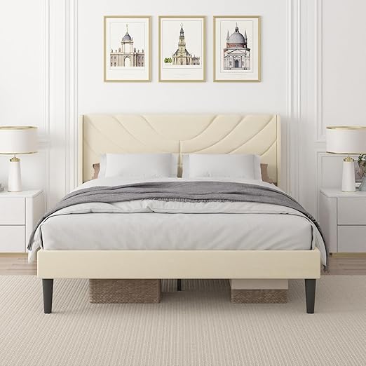 VECELO Upholstered Platform Queen Bed Frame with Fabric Headboard,Wooden Slats Support/No Box Spring Needed/Mattress Foundation,Beige
