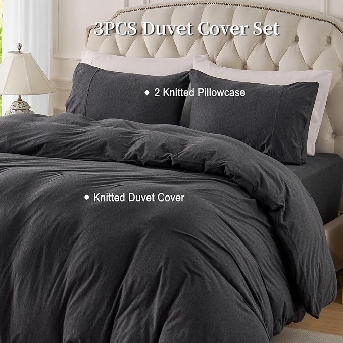 PURE ERA Jersey Knit Duvet Cover Set 100% T-Shirt Cotton Super Soft Comfy 3pc Bedding Set with Zipper Closure (Heather Charcoal Grey, Full)