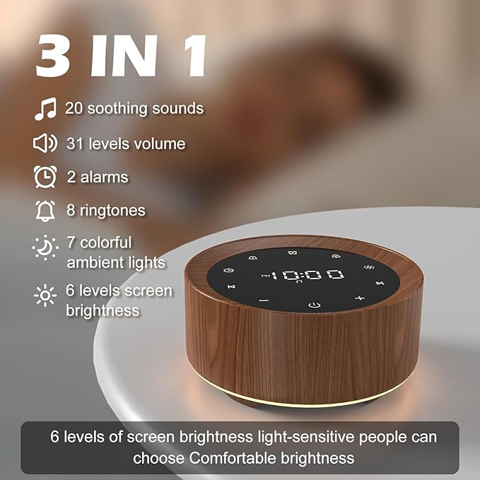 White Noise Machine with Alarm Clock & Night Light for Babies and Adults, 20 Soothing Sounds, Glare-Free Upward Display, Touch Control, Memory Function, 5 Sleep Timers, Wood Grain