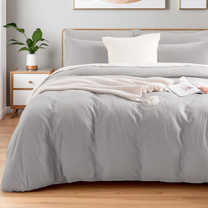 NEXHOME PRO Duvet Cover Set California King Linen Look Textured Organic Natural 100% Washed Cotton Duvet Cover 3 Pieces Bedding Set with Zipper Closure, Breathable, Soft, Light Grey (No Comforter)