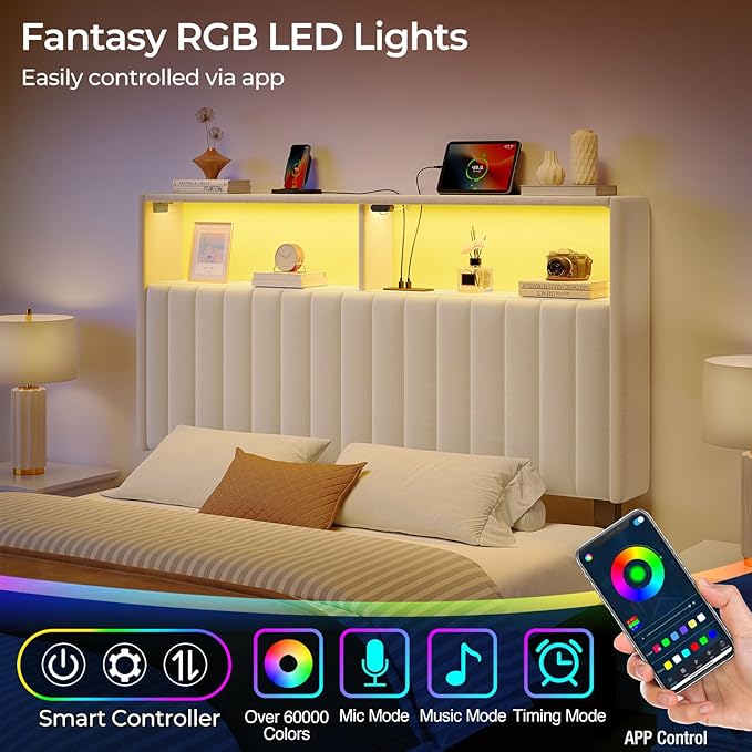 Rolanstar Headboard for Twin Size Bed with Storage, 60,000 DIY Color of LED Light, Head Board with USB & Type C Port, Height Adjustable, Velvet Upholstered, Comfortable Modern, Light White
