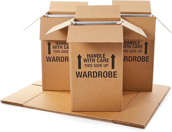 Amazon Basics Sturdy Wardrobe Moving Boxes with Hanger Bar for Packing Clothes, Easy to Assemble, 20" x 20" x 34", Brown, 6-Pack
