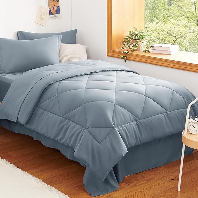 CozyLux Twin XL Comforter Set Dusty Blue - 5 Pieces Twin Extra Long Bed in a Bag for College Dorm, All Season Bedding Set for Girls and Boys, Soft Bed Set with Comforter, Sheets, Pillowcase & Sham