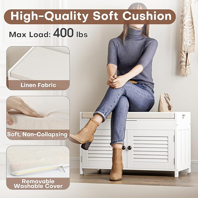 WARMHONIU Shoe Storage Bench with Lift Top Storage, Entryway Bench with Cushioned Seat, Adjustable Shelf, 2 Tier Shoe Rack with Doors for Entryway, Bedroom, Hallway, Mudroom, White
