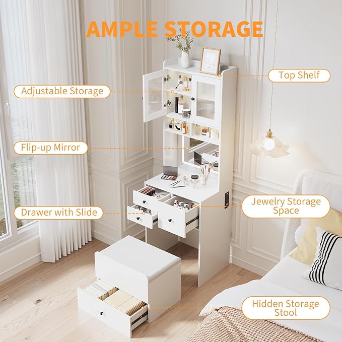 3-in-1 Make Up Vanity Desk with Mirror & Lights, Compact Vanity Table with Drawers, Storage Compartment and Rolling Stool, Modern Small Makeup Vanity and Storage Chair for Bedroom, Powder Room