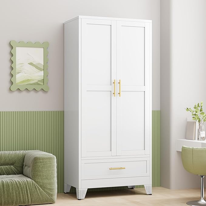 GAIOUS Steel Armoire Wardrobe Closet with 2 Doors, 71" Household Wardrobe Cabinet with Hanging Rod and Drawers, Metal Clothing Storage Cabinet with Adjustable Shelf for Bedroom, Cloak Room, Gym(White)