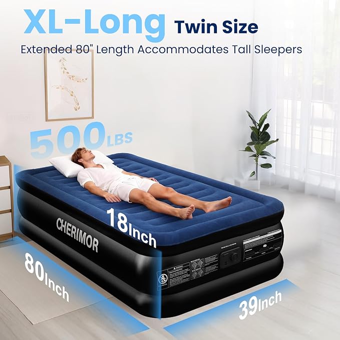 CHERIMOR Twin XL Air Mattress with Built in Pump, Upgraded 80" Length, 18" Raised Twin Blow Up Mattress, Multi-Layer Leakproof & Support 500 lbs, 2-Min Fast Inflation Air Bed for Home Camping Guests