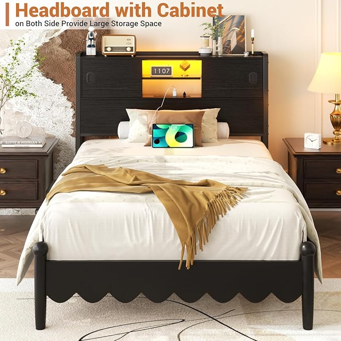 Homieasy Twin Storage Headboard with Sliding Doors, Bookcase Head Board with Charging Station & Smart LED Light, Headboard Only for Twin Bed, Wood Headboards with Bookshelf