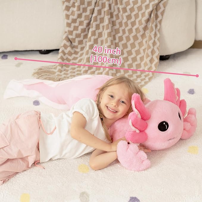 MaoGoLan Giant Axolotl Plush Toy Stuffed Animal, 40" Glow in The Dark Axolotl Plush Pillow for Girl Boy Kid, Soft Jumbo Pink Salamander Body Pillow for Birthday Gift Baby Shower Party Favor Decor