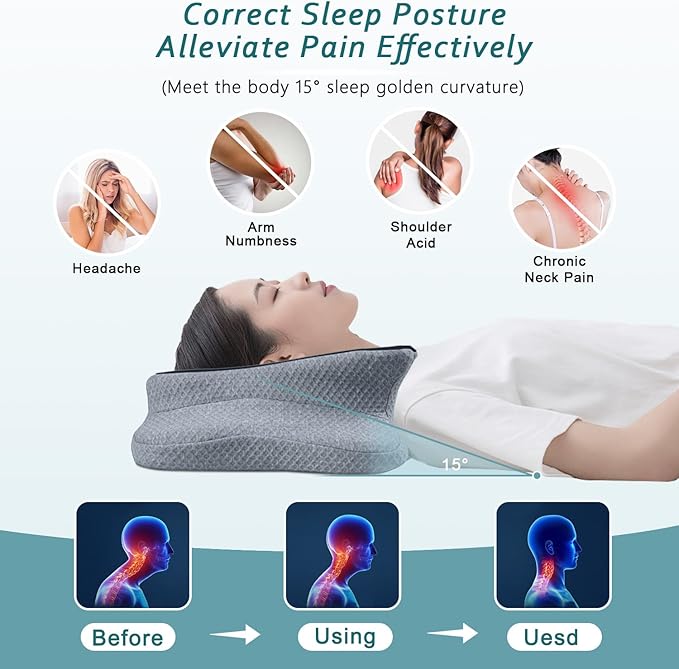 CHxxy Cervical Pillow for Neck Pain Relief, Memory Foam Pillows, Ergonomic Contour Bed Pillow, Soft for Side Sleep Stomach Sleeping and Back Sleepers-Queen Size Black&Dark Grey