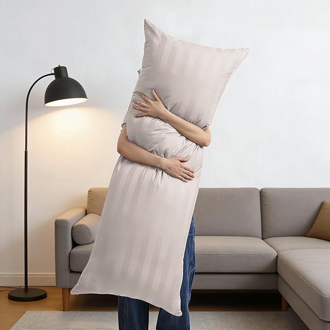100% Egyptian Cotton Body Pillow Cover Long Pillow Case, 600 Thread Count Bed Pillow Protector with Zipper, Sateen Weave Full Body Pillowcase for Adults 20x54 Inches (1PC, Body, Striped Light Beige)