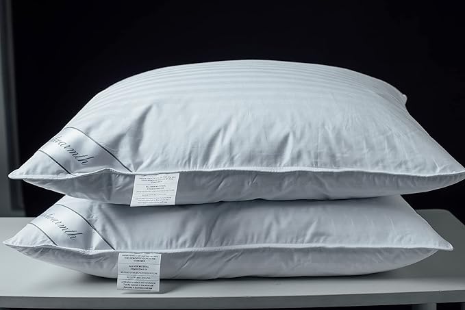 Goose Feather Blend with Polyester Bed Pillows 100% Cotton, Medium Firm Soft Support Standard Pack of 2 Stripe White