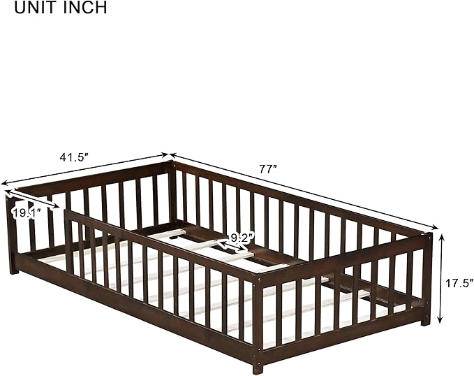 Bellemave Twin Floor Bed with Slats and Safety Guardrails, Twin Size Montessori Floor Bed with Fence and Without Door, Easy Assemble Montessori Beds Frame for Girls, Boys, Pink Espresso