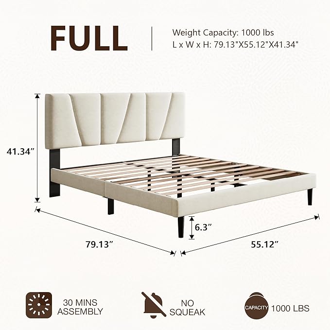 Full Size Bed Frame with Linen Upholstered Platform Bed Frame, Wooden Slats Support, Noise-Free Mattress Foundation, No Box Spring Needed, Easy Assembly, Beige
