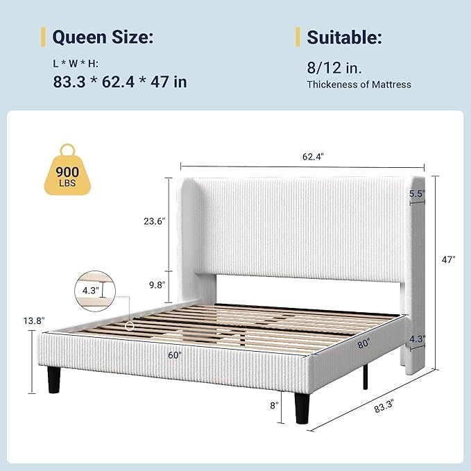 Allewie Queen Size Bed Frame with Upholstered Wingback Headboard, Vertical Channel Tufted Corduroy Velvet Platform Bed, Strong Wooden Slats Support, No Box Spring Needed, Easy Assembly, Sturdy, White