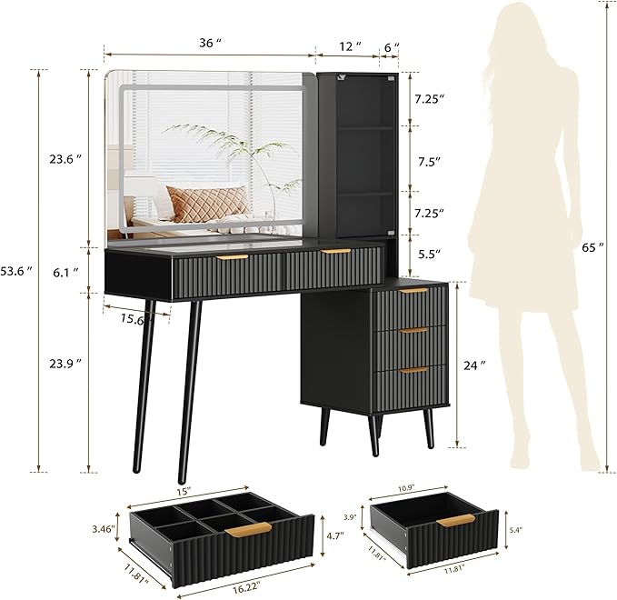 Garvee 48" Fluted Makeup Vanity Desk with Mirror and Lights, Glass Top Vanity Table with 5 Drawers, Open Shelf and Power Outlet, Modern Dressing Table for Bedroom and Living Room