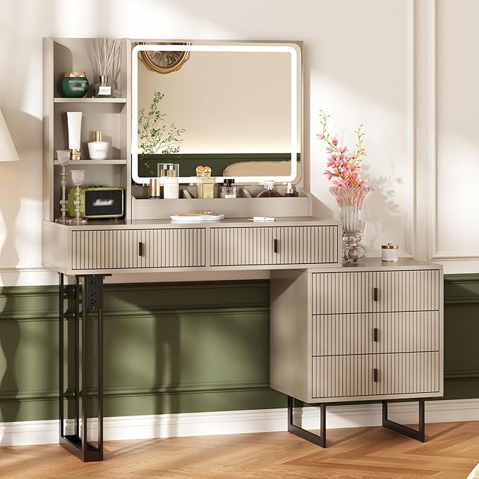 Ieejdn Large Vanity Desk with 3 Color Touch Screen Dimming Mirror, Vanity Desk with Charging Station, Modern Retractable Makeup Dressing Table, Makeup Table with Storage Shelves and 5 Sliding Drawers