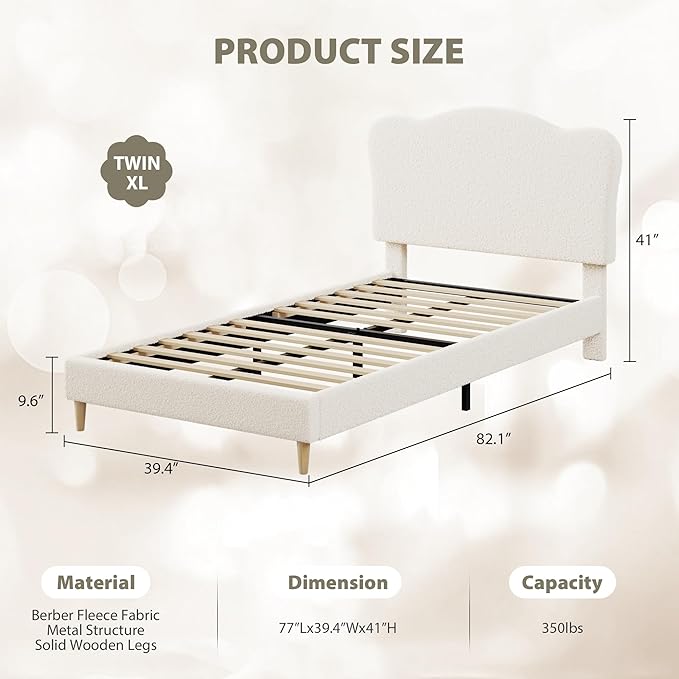 GarveeHome Upholstered Twin XL Size Bed Frame for Kids with Scallop Headboard, Cute Velvet Twin XL Bed for Girls, Boys, Sturdy Platform Bed, No Box Spring Needed, Wooden Slats, Noise Free, Beige