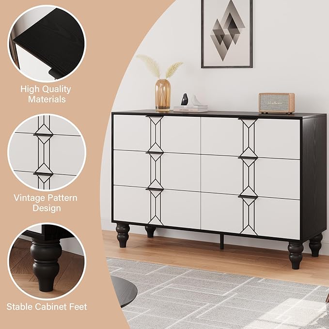 IDEALHOUSE Modern Wooden 6 Drawer Dresser with Vintage Pattern Design, Chest Dresser with Deep Drawers for Bedroom, Living Room and Entryway, Black and White
