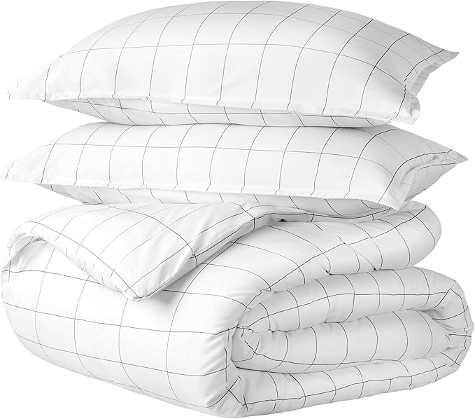 Bare Home Duvet Cover - Queen Size Bedding Set - Premium 1800 Super Soft Collection - Lightweight, Cooling - Soft Breathable Duvet Cover (Queen, Grid – White/Grey)