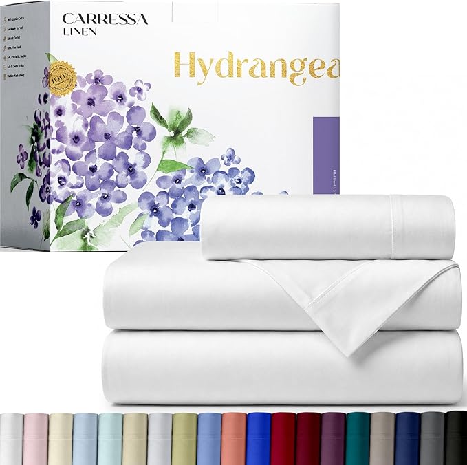 Carressa Linen 100% Egyptian Cotton Twin Sheets Set - 600 Series Hydrangeas Collection Egyptian Cotton Luxury Twin Sheets (3 PC, Crisp White), 16" Deep Pocket, Soft, Cooling, Sateen Weave Bedding`