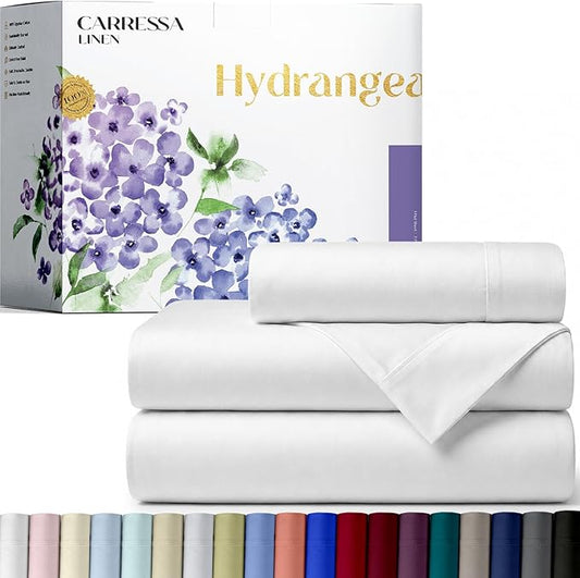 Carressa Linen 100% Egyptian Cotton Twin Sheets Set - 600 Series Hydrangeas Collection Egyptian Cotton Luxury Twin Sheets (3 PC, Crisp White), 16" Deep Pocket, Soft, Cooling, Sateen Weave Bedding`