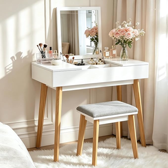 Small Vanity Desk, Flip Top Makeup Vanity, Makeup Vanity Desk with Mirror & LED Light, Power Outlet, Compact Dressing Table with Cushioning Stool, Vanity Desk Set for Kids, White