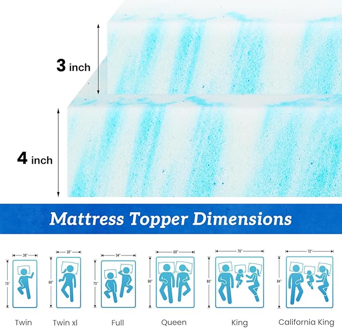 Sweetcrispy Mattress Topper Twin XL, 4 Inch Thick Memory Foam Gel Infused Cooling Toppers Pad for Twin XL Size Bed, Sleeper Sofa, RV, Camper, CertiPUR US Certified, Ventilated and Breathable