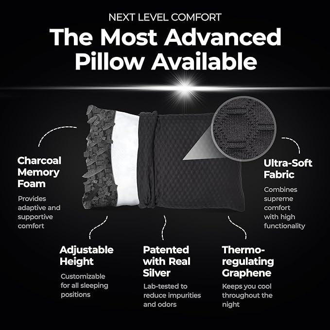 Silvery Memory Foam Bed Pillow - Patent-Pending Self-Cleaning Technology™ for Hygienic Sleep - Cooling Hypoallergenic Adjustable Pillows for Side, Back & Stomach Sleepers