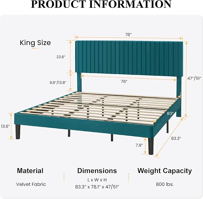 SHA CERLIN King Upholstered Platform Bed Frame with Vertical Channel Tufted Velvet Fabric Adjustable Headboard, Wooden Slats Support, Mattress Foundation, Box Spring Optional, Teal