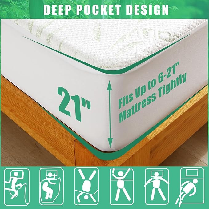 Waterproof Mattress Protector Twin Size, Viscose Cooling Breathable Mattress Cover, Fitted Deep Pocket Mattress Pad Cover Stretches up to 23 Inches, Noiseless Soft Bed Cover