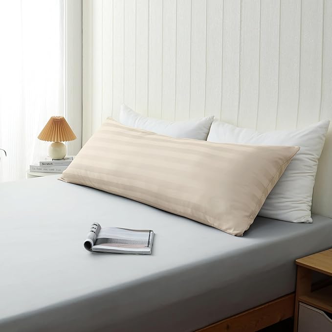 100% Cotton Soft Body Pillow Protectors with Invisible Zipper 20X54 Inches Body Pillow Cases, 600 Thread Count Soft Pillow Cases, Striped Beige Color 1-Pack