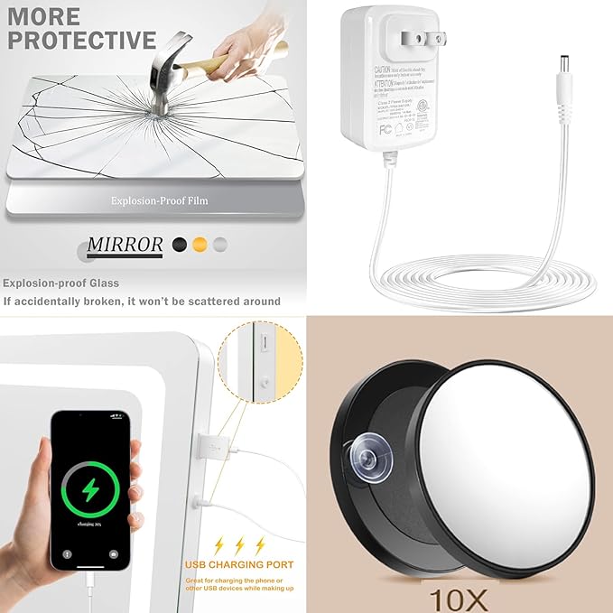 Gvnkvn Makeup Vanity Mirror with Lights 32" x 24" Large LED Makeup Mirror, Light up Mirror with 10X Magnification and USB Charging Port, with Dimmable 3 Modes, Touch Screen Control Round White