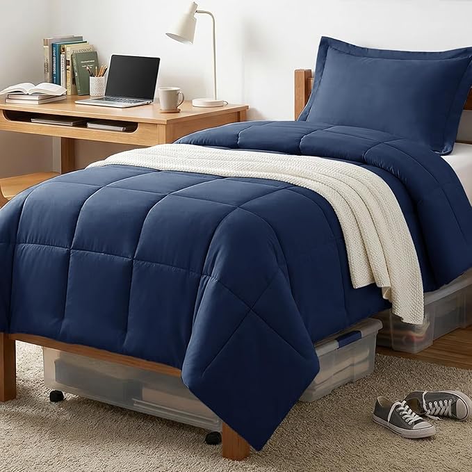 CozyLux Twin/Twin XL Comforter Set Navy Blue - 270GSM Box Stitched Bedding Set for College Dorm & Back to School, Lightweight All Season for Teen Boys, Girls, 2 Pcs with Comforter and Pillow Sham