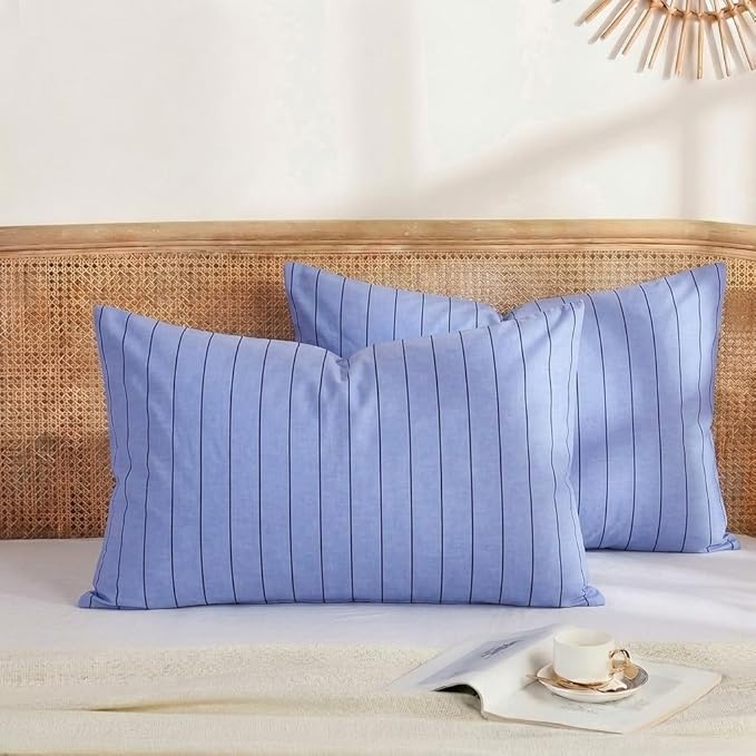 Merryword Queen Size Pillowcases, 100% Cotton Pillow Cases, Denim Blue Striped Pillowcases, Luxury Linen Like Pillowcase, Soft Breathable Pinstripe Pillow Covers, Set of 2