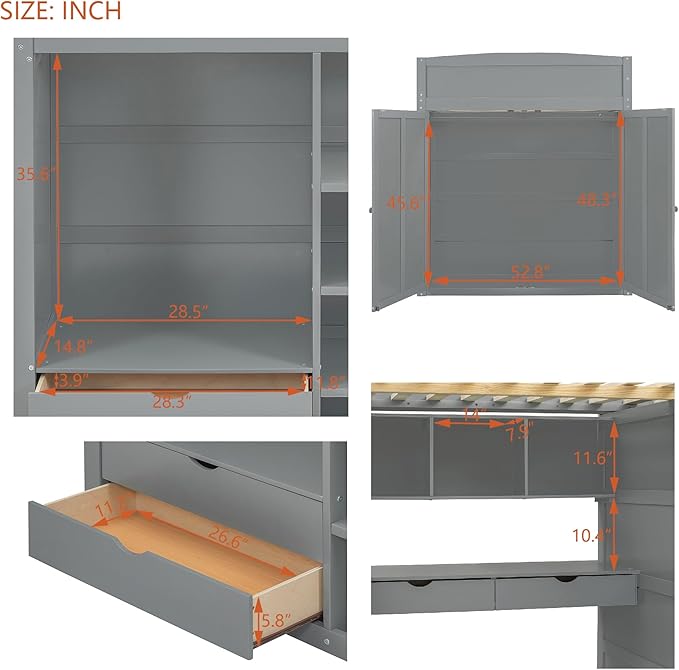 Multi-Functional Full Size Loft Bed with Built-in Desk and Wardrobes, Solid Wood Loft Bed Frame with 4 Drawers and 4 Shelves for Kids Teens Boys Adults, Maximize Space (Gray-F)