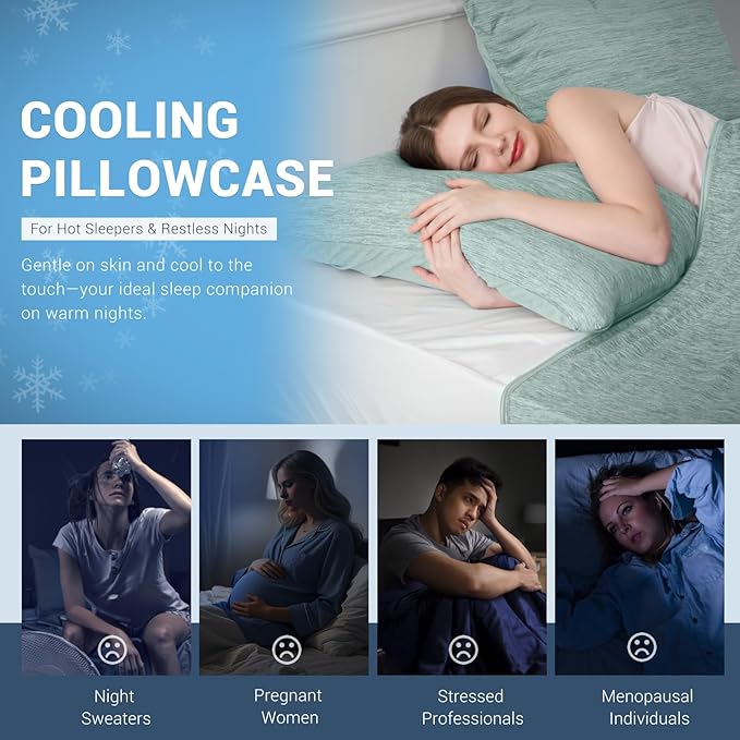Elegear Cooling Pillow Cases for Hot Sleepers, Japanese Q-Max 0.5 Cooling Pillowcases, Both Sides(Cooling/Cotton), Breathable Soft Pillowcase for Hair and Skin, Set of 2-Green (Queen (20'' x 30''))