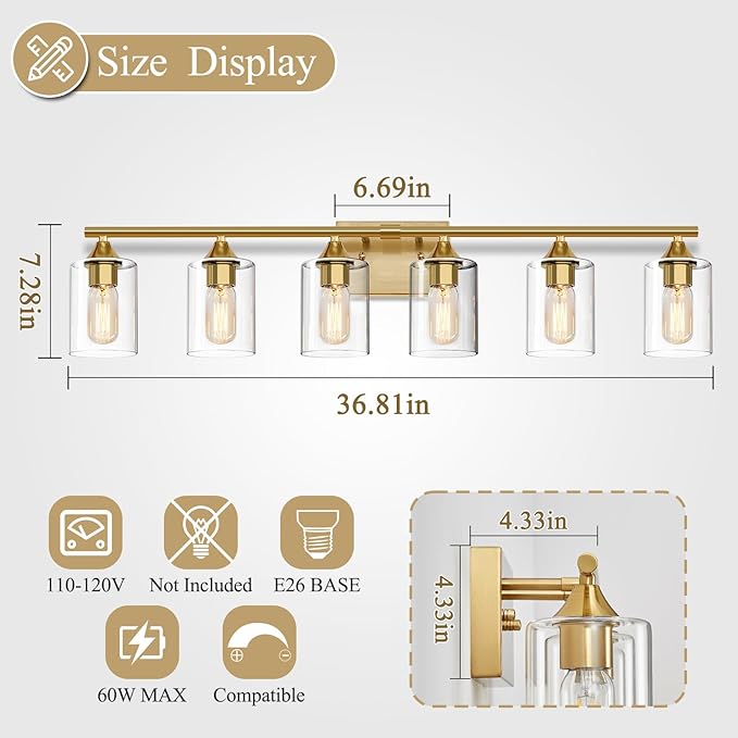 6-Light Gold Vanity Light,Bathroom Light Fixtures,Modern Brushed Brass Gold Wall Sconce Lighting,Bathroom Wall Lamp for Mirror Bedroom Living Room Vanity Table Hallway