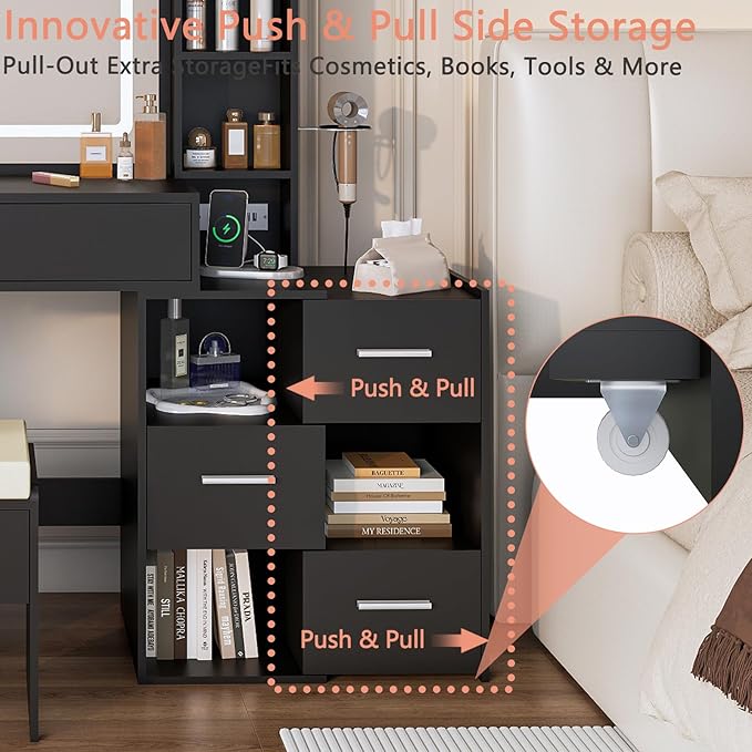 Vanity Desk with LED Lighted Mirror, Sliding Side Cabinet with Expandable Storage, Makeup Table with Drawers & Shelves, Built-in Power Outlet, Vanity Set with Storage Stool for Bedroom (Black)