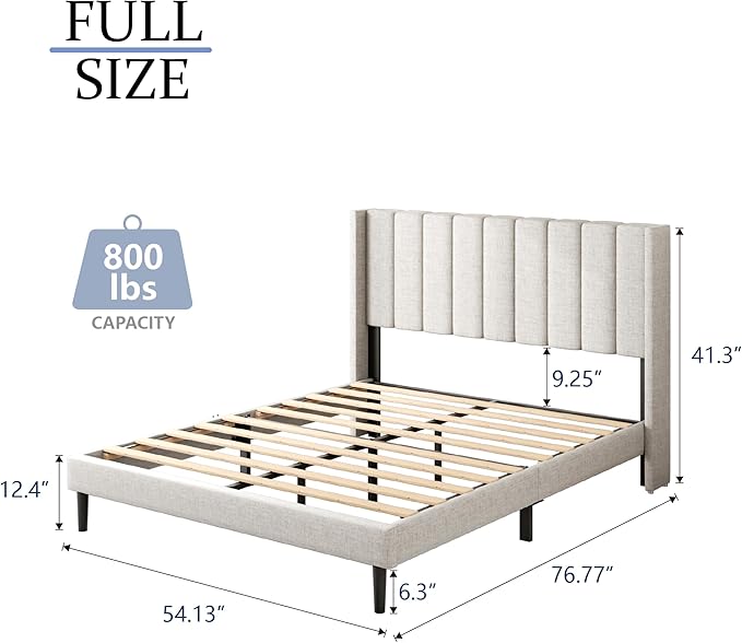 Gruwans Full Size Bed Frame with Upholstered Wingback Headboard, Easy Assemnly Platform Bed, Wooden Slat Support No Box Spring Needed, Sand