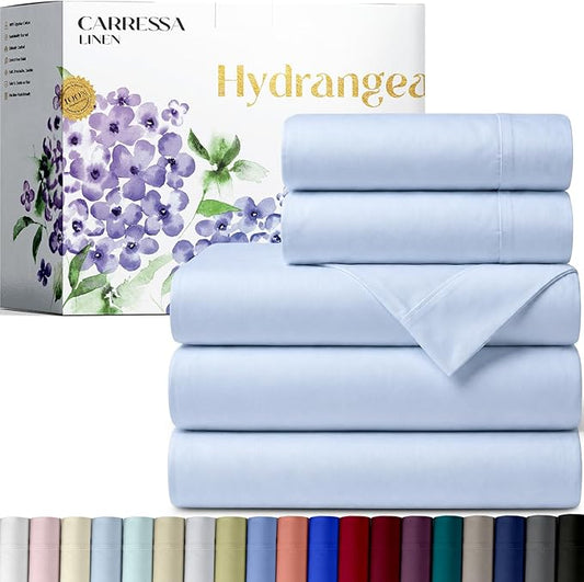 Carressa Linen 100% Egyptian Cotton Split King Sheets Sets for Adjustable Bed - 600 Series Hydrangeas Collection 5 PC Light Blue Top Split King Sheets, 16" Deep Pocket Sheet for Adjustable Bed