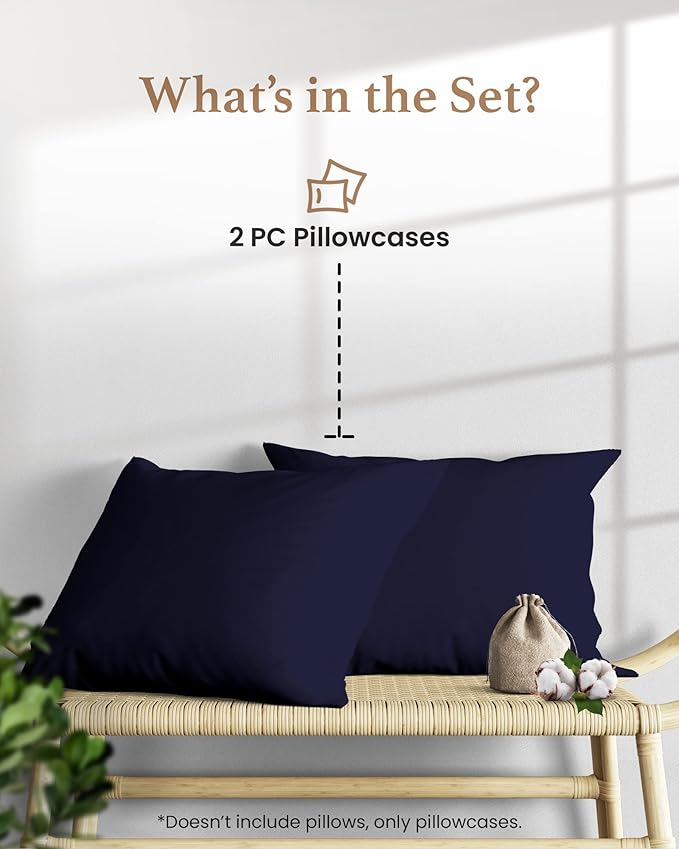 1000 TC Navy Blue Standard Pillowcases Set of 2 100% Egyptian Cotton Pillow Cases with Long Staple Cotton & Sateen Weave, Silky Soft Hotel - Like Bed Pillow Covers for Comfy Sleeping, Snug Fit