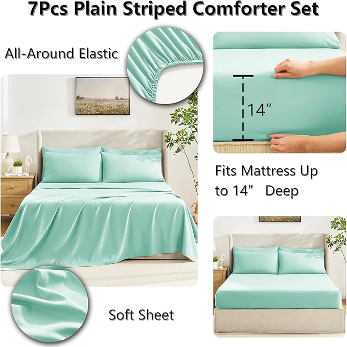 CozyLux Queen Comforter Set Mint Green, 7 Pieces Bed in a Bag, Green Comforters Queen Size, All Season Bedding Sets with Stitch Quilted Comforter, Flat Sheet, Fitted Sheet, Pillowcases