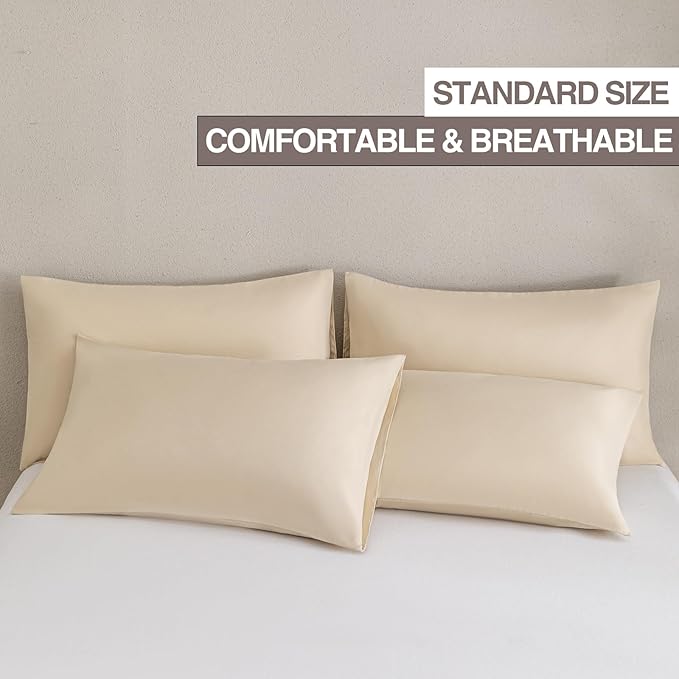 MINIPANDA Beige Pillow Cases Standard Size Set of 4 - Super Soft, Smooth and Breathable Standard Pillow Cases- Envelope Design - Machine Washable Lightweight (20X26 Inches (4 Piece))